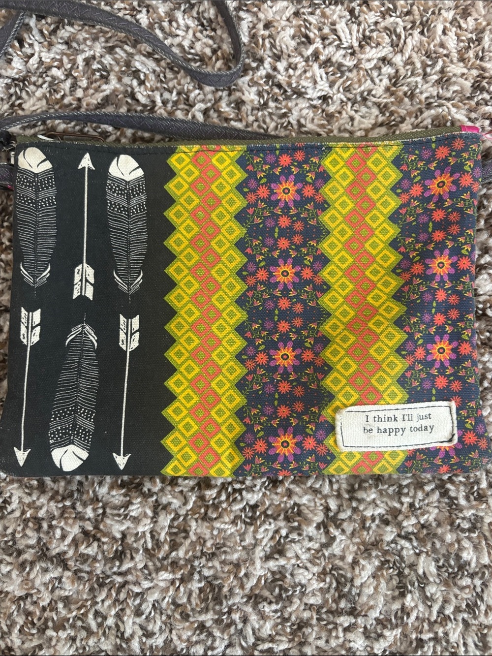 NATURAL LIFE Black Feather & Floral Small Crossbody with Gold and Orange Accents